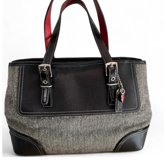 Coach Herringbone Tote Bag, Grey Wool & Black Leather, G04J-1408 Handbag - Picture 1 of 6